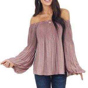 Mauve Pleated Off Shoulder Bubble Sleeve Blouse